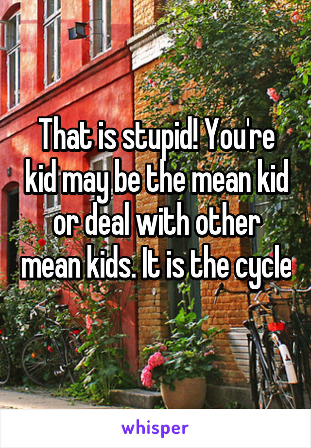 That is stupid! You're kid may be the mean kid or deal with other mean kids. It is the cycle 