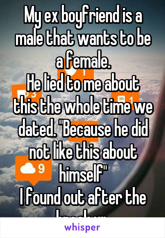 My ex boyfriend is a male that wants to be a female.
He lied to me about this the whole time we dated. "Because he did not like this about himself"
I found out after the break up.