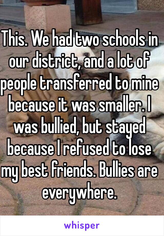 This. We had two schools in our district, and a lot of people transferred to mine because it was smaller. I was bullied, but stayed because I refused to lose my best friends. Bullies are everywhere.