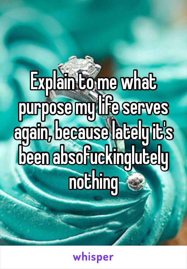 Explain to me what purpose my life serves again, because lately it's been absofuckinglutely nothing 