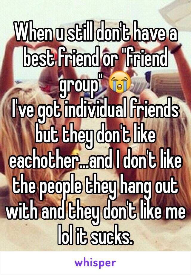 When u still don't have a best friend or "friend group" 😭
I've got individual friends but they don't like eachother...and I don't like the people they hang out with and they don't like me lol it sucks.