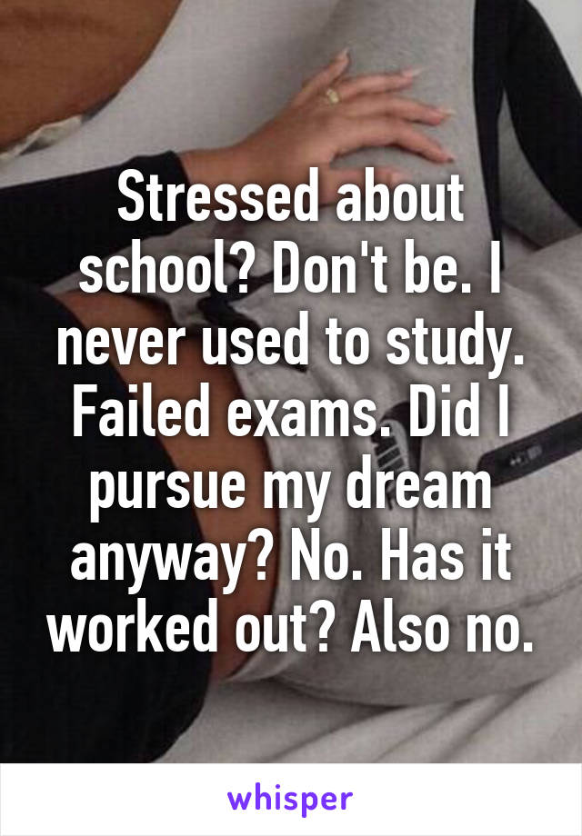 Stressed about school? Don't be. I never used to study. Failed exams. Did I pursue my dream anyway? No. Has it worked out? Also no.