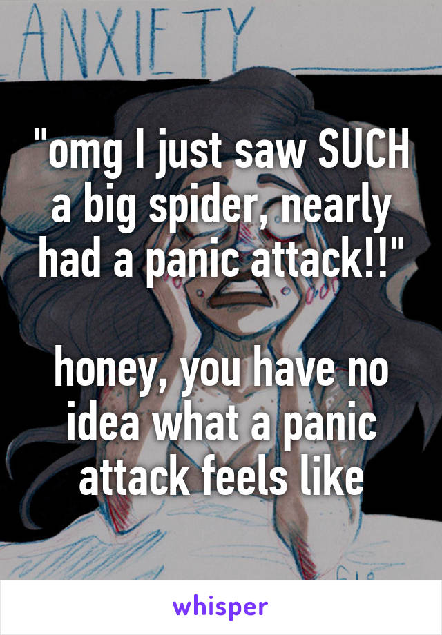 "omg I just saw SUCH a big spider, nearly had a panic attack!!"

honey, you have no idea what a panic attack feels like