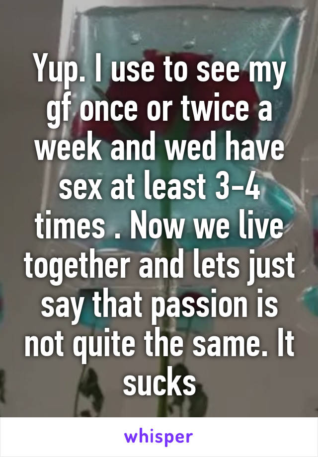 Yup. I use to see my gf once or twice a week and wed have sex at least 3-4 times . Now we live together and lets just say that passion is not quite the same. It sucks