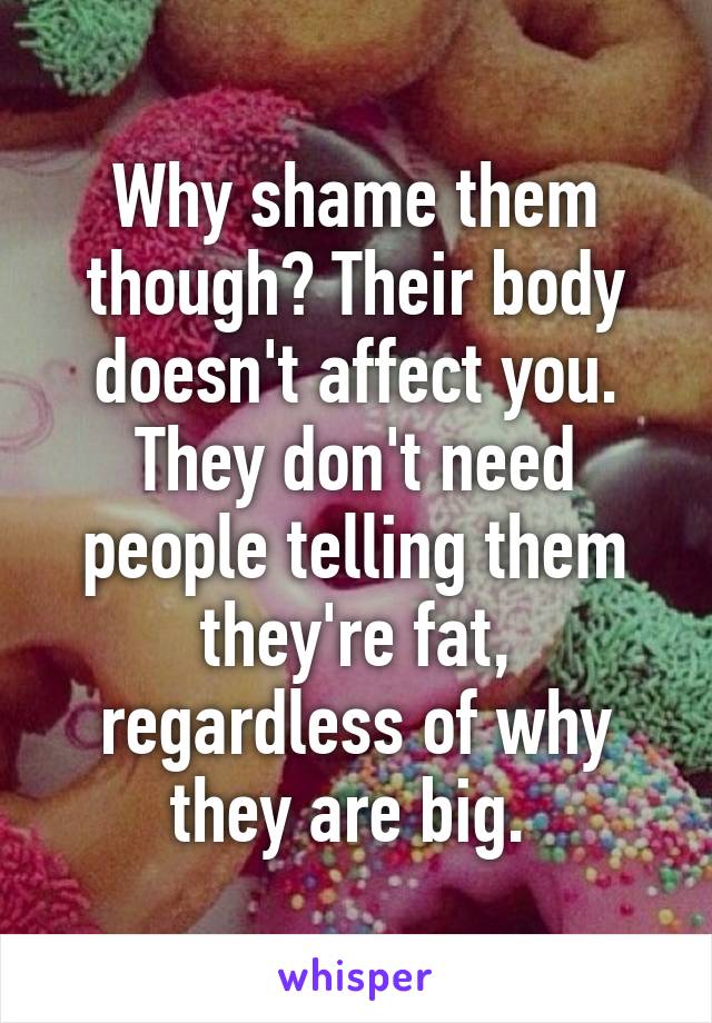 Why shame them though? Their body doesn't affect you. They don't need people telling them they're fat, regardless of why they are big. 