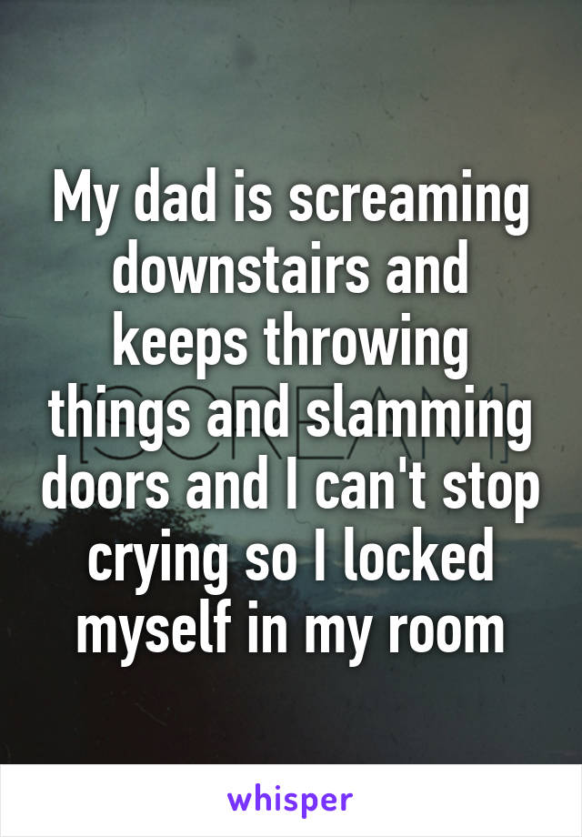 My dad is screaming downstairs and keeps throwing things and slamming doors and I can't stop crying so I locked myself in my room