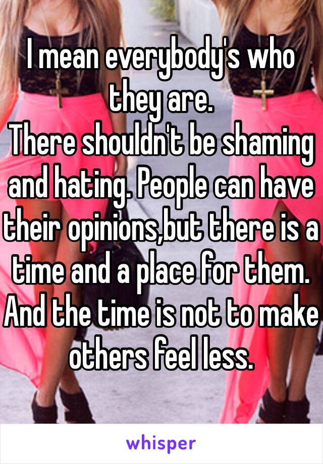 I mean everybody's who they are.
There shouldn't be shaming and hating. People can have their opinions,but there is a time and a place for them.
And the time is not to make others feel less. 