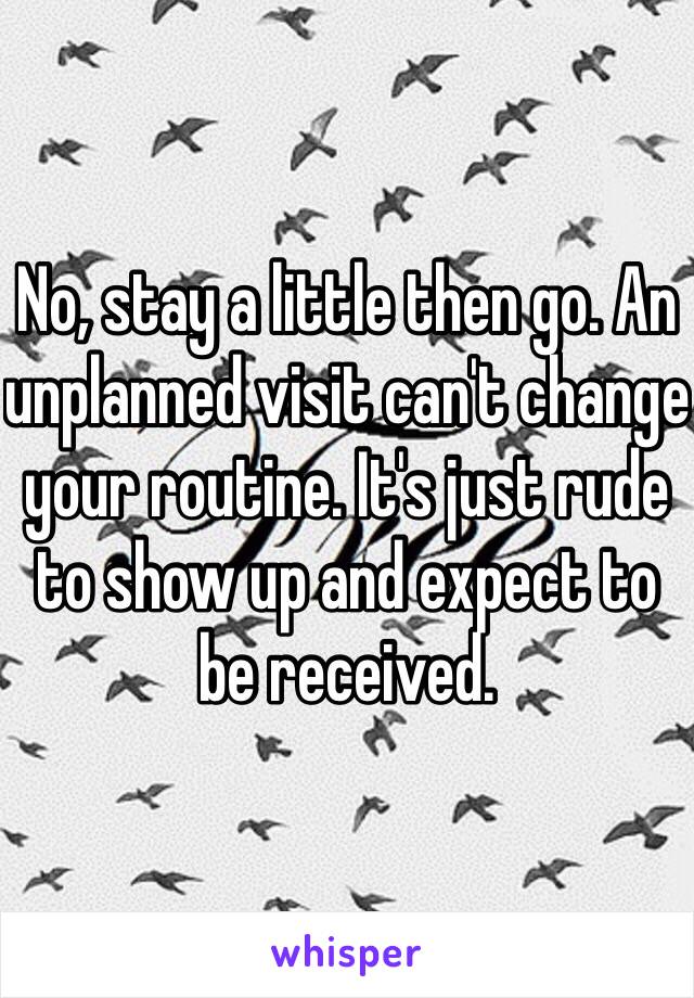 No, stay a little then go. An unplanned visit can't change your routine. It's just rude to show up and expect to be received. 
