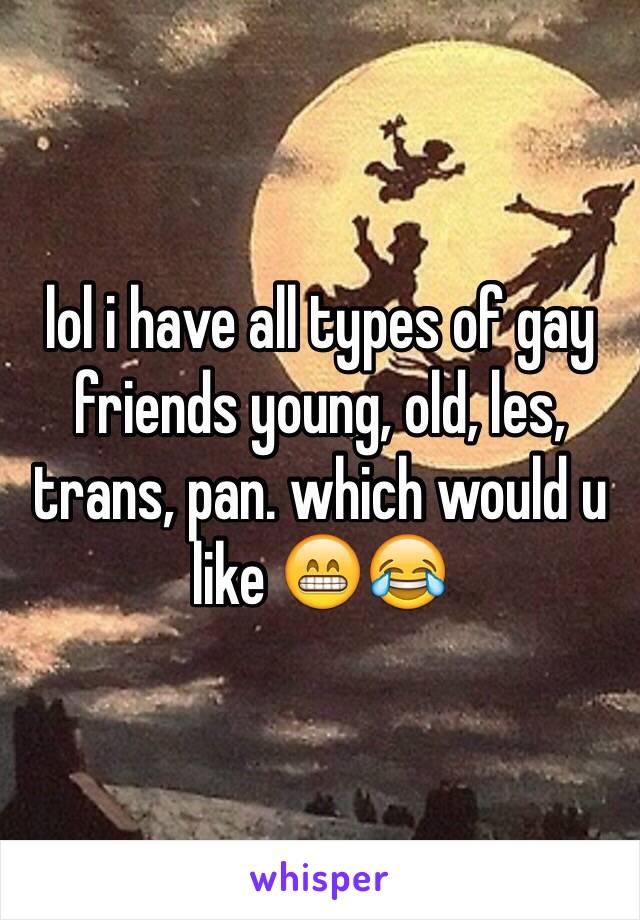lol i have all types of gay friends young, old, les, trans, pan. which would u like 😁😂