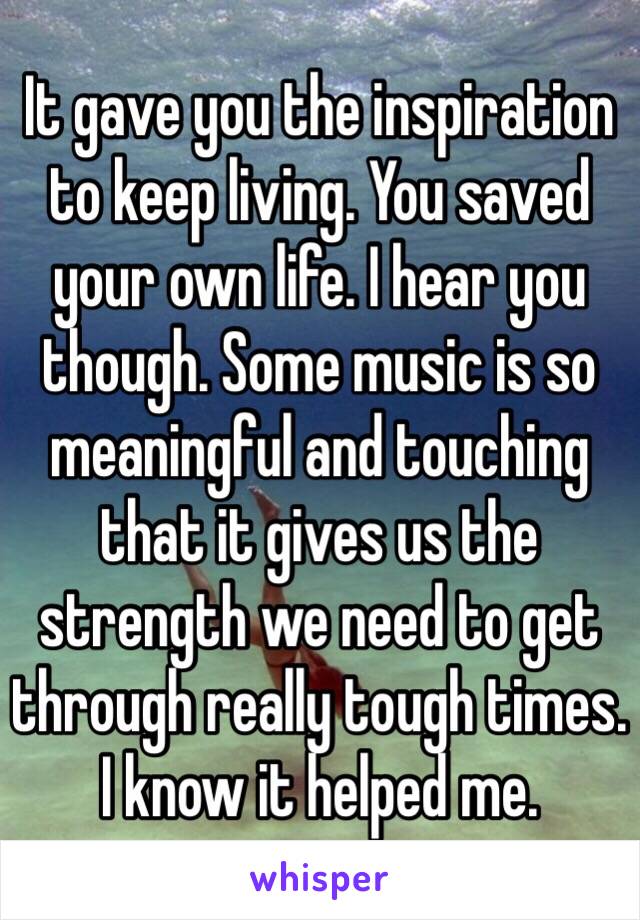 It gave you the inspiration to keep living. You saved your own life. I hear you though. Some music is so meaningful and touching that it gives us the strength we need to get through really tough times. I know it helped me. 