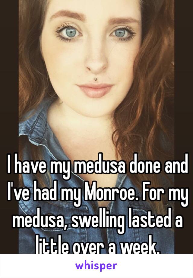 I have my medusa done and I've had my Monroe. For my medusa, swelling lasted a little over a week. 
