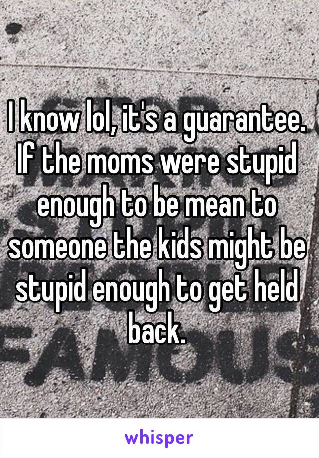 I know lol, it's a guarantee. If the moms were stupid enough to be mean to someone the kids might be stupid enough to get held back.