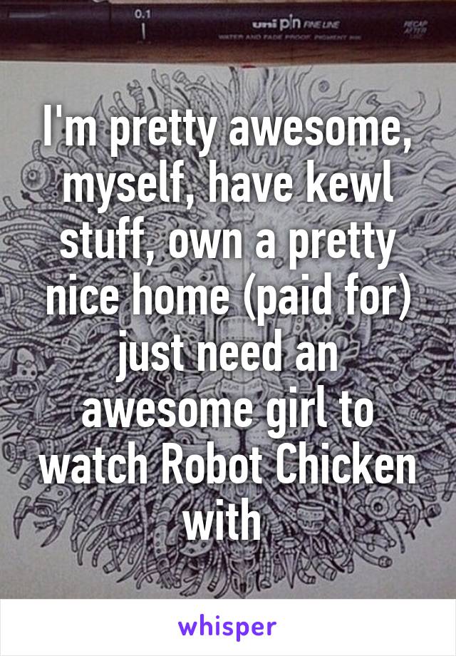 I'm pretty awesome, myself, have kewl stuff, own a pretty nice home (paid for) just need an awesome girl to watch Robot Chicken with 