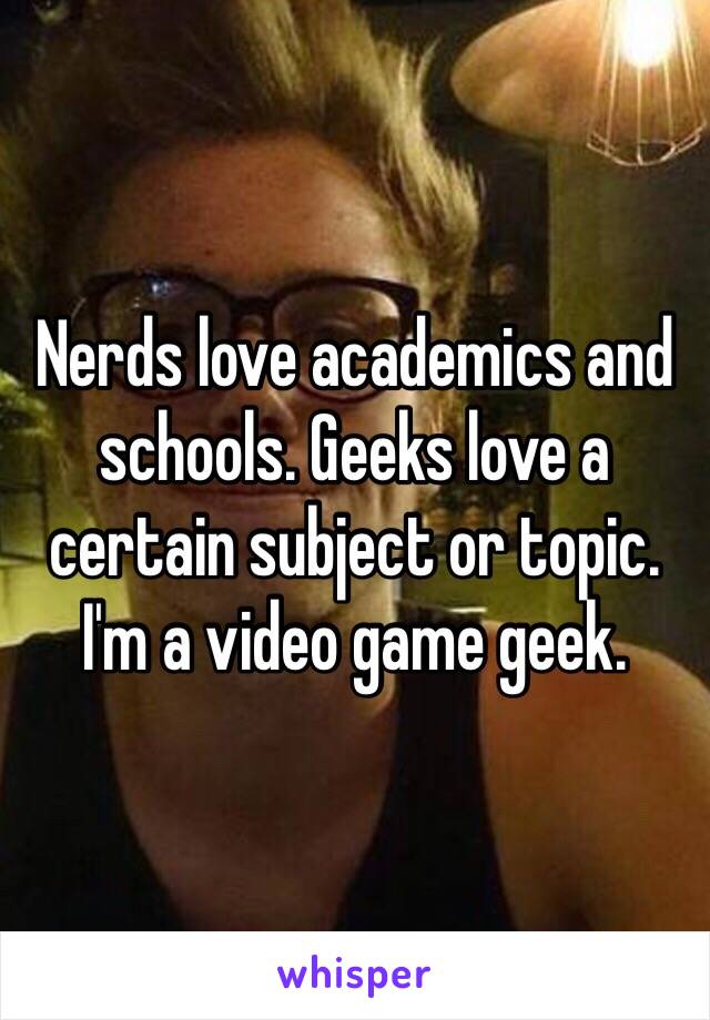 Nerds love academics and schools. Geeks love a certain subject or topic. I'm a video game geek.