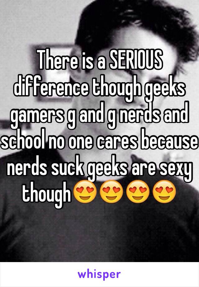 There is a SERIOUS difference though geeks gamers g and g nerds and school no one cares because nerds suck geeks are sexy though😍😍😍😍