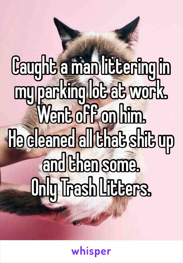 Caught a man littering in my parking lot at work. 
Went off on him. 
He cleaned all that shit up         and then some. 
Only Trash Litters. 