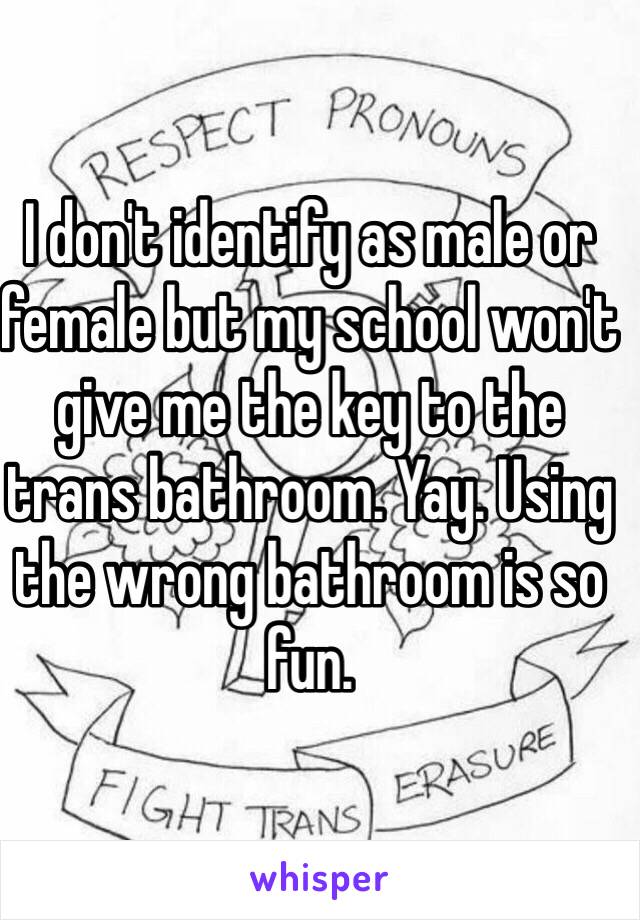 I don't identify as male or female but my school won't give me the key to the trans bathroom. Yay. Using the wrong bathroom is so fun.