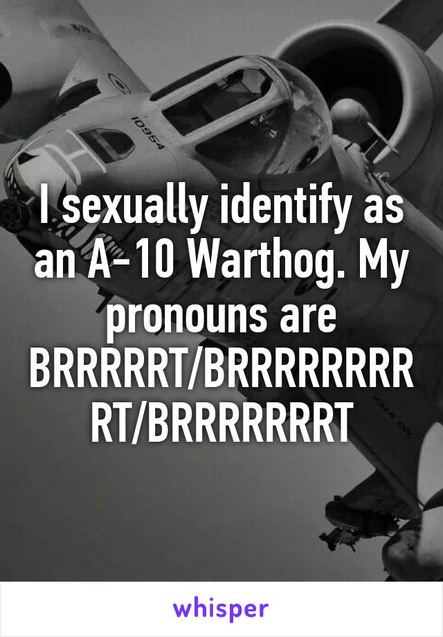 I sexually identify as an A-10 Warthog. My pronouns are BRRRRRT/BRRRRRRRRRT/BRRRRRRRT