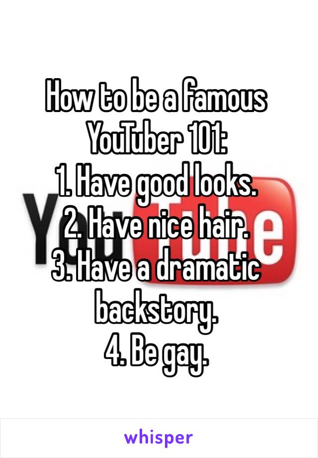 How to be a famous YouTuber 101: 
1. Have good looks. 
2. Have nice hair.
3. Have a dramatic backstory. 
4. Be gay. 
