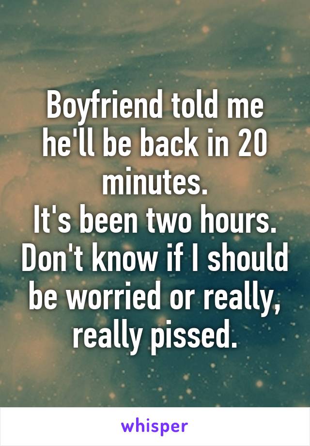 Boyfriend told me he'll be back in 20 minutes.
It's been two hours. Don't know if I should be worried or really, really pissed.