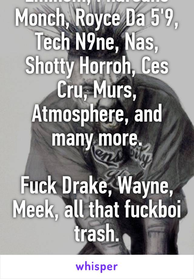Eminem, Pharoahe Monch, Royce Da 5'9, Tech N9ne, Nas, Shotty Horroh, Ces Cru, Murs, Atmosphere, and many more.

Fuck Drake, Wayne, Meek, all that fuckboi trash.

Real HIP-HOP!