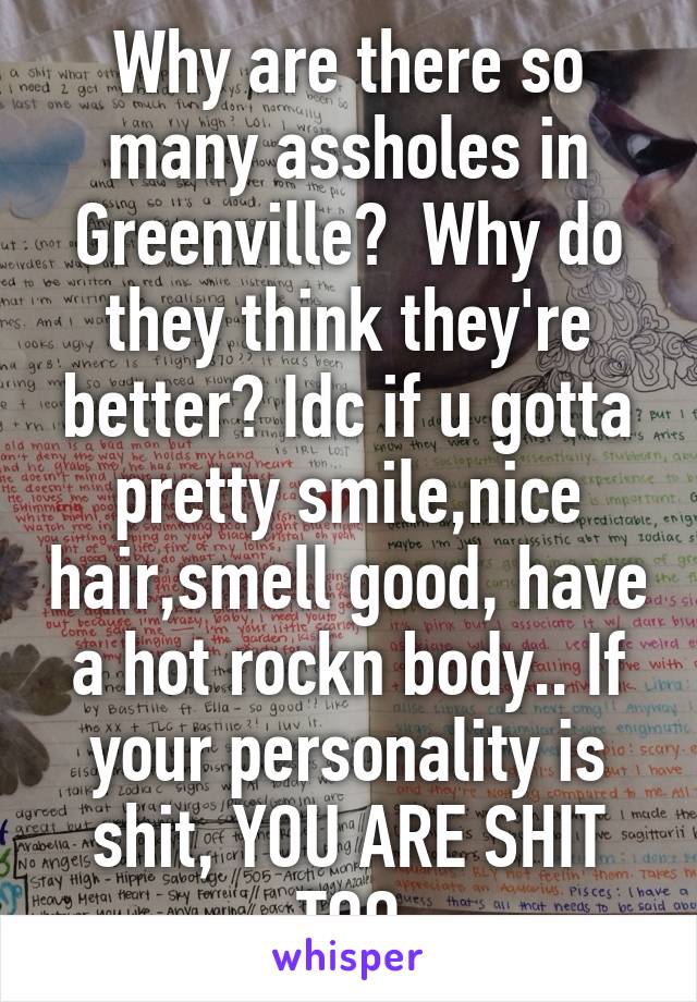 Why are there so many assholes in Greenville?  Why do they think they're better? Idc if u gotta pretty smile,nice hair,smell good, have a hot rockn body.. If your personality is shit, YOU ARE SHIT TOO
