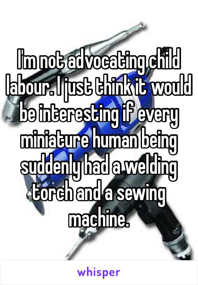 I'm not advocating child labour. I just think it would be interesting if every miniature human being suddenly had a welding torch and a sewing machine. 