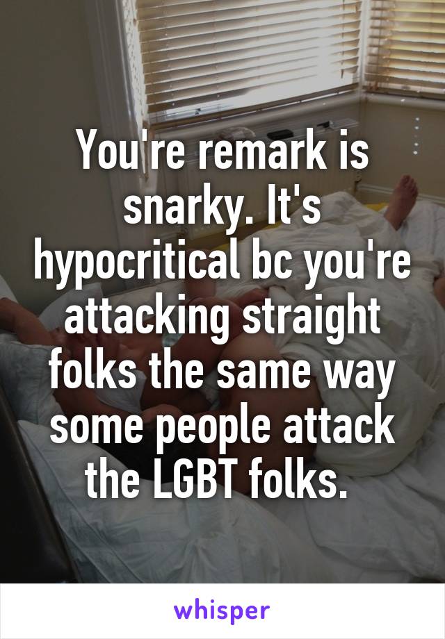 You're remark is snarky. It's hypocritical bc you're attacking straight folks the same way some people attack the LGBT folks. 