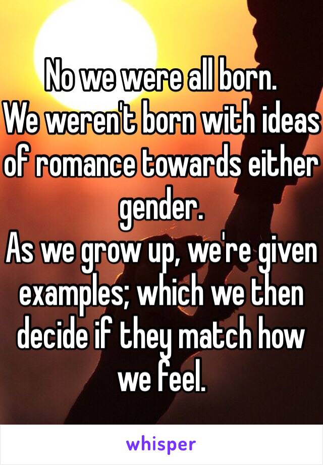 No we were all born.
We weren't born with ideas of romance towards either gender.
As we grow up, we're given examples; which we then decide if they match how we feel.