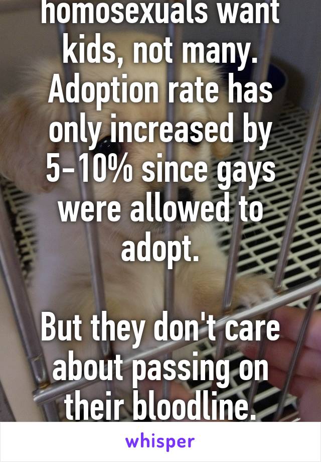 Selective homosexuals want kids, not many. Adoption rate has only increased by 5-10% since gays were allowed to adopt.

But they don't care about passing on their bloodline.

