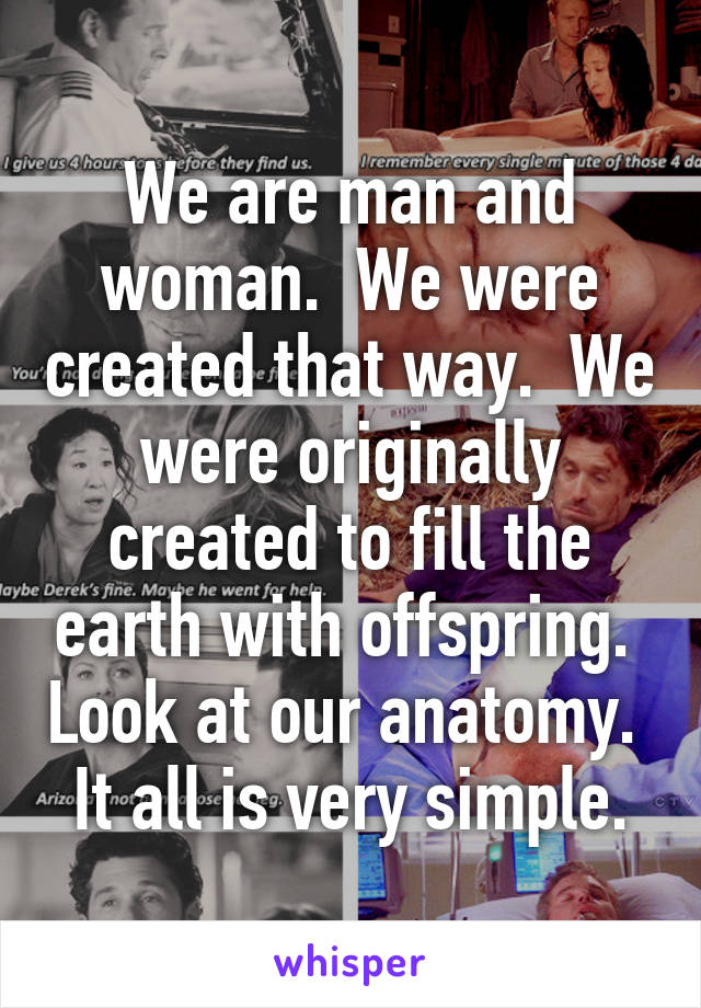 We are man and woman.  We were created that way.  We were originally created to fill the earth with offspring.  Look at our anatomy.  It all is very simple.