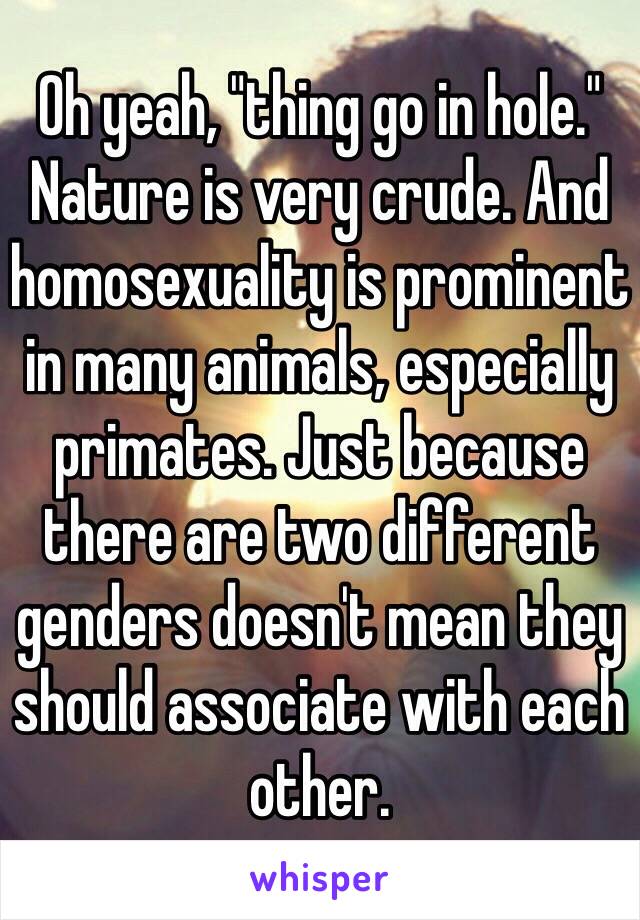 Oh yeah, "thing go in hole." 
Nature is very crude. And homosexuality is prominent in many animals, especially primates. Just because there are two different genders doesn't mean they should associate with each other.