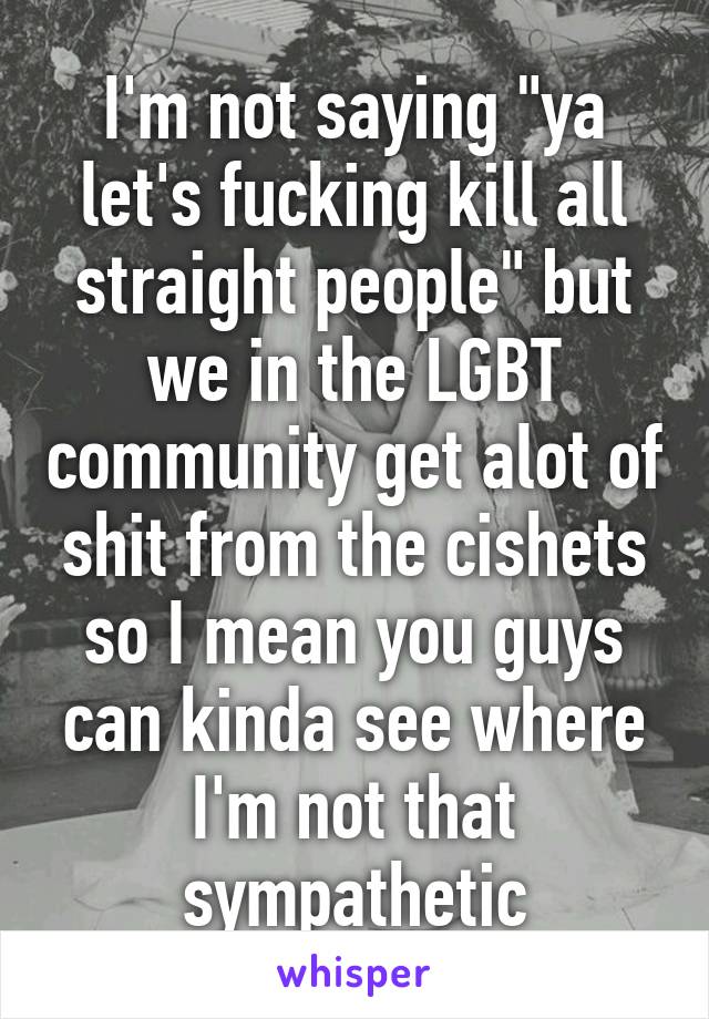 I'm not saying "ya let's fucking kill all straight people" but we in the LGBT community get alot of shit from the cishets so I mean you guys can kinda see where I'm not that sympathetic