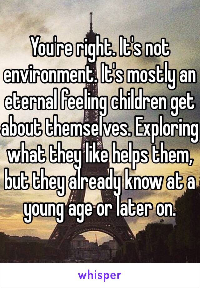 You're right. It's not environment. It's mostly an eternal feeling children get about themselves. Exploring what they like helps them, but they already know at a young age or later on. 