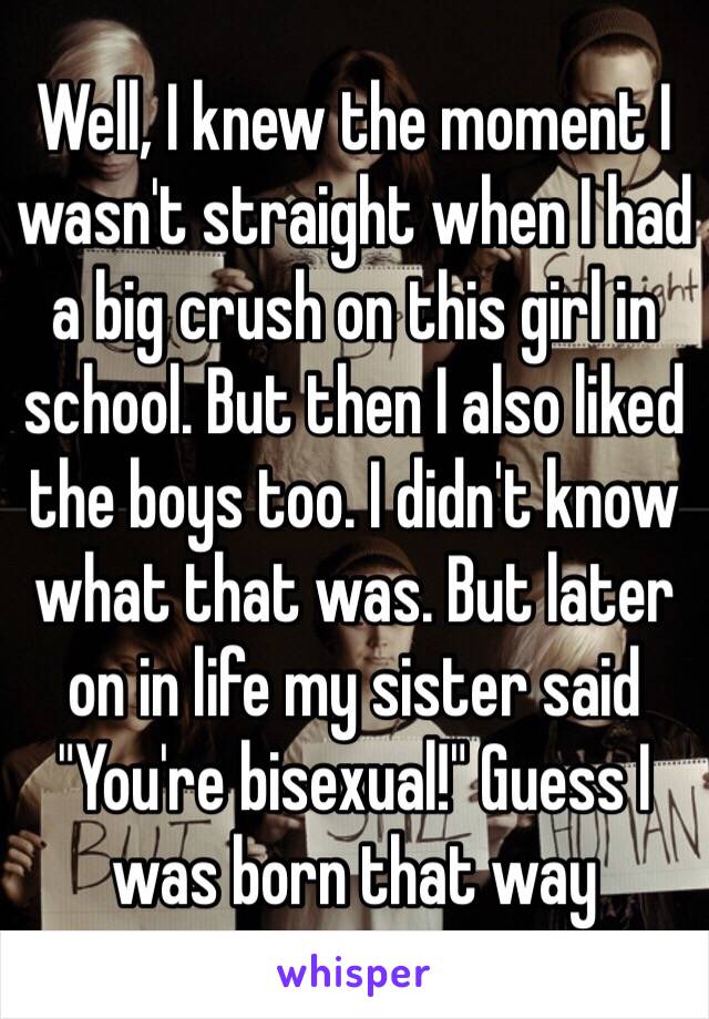 Well, I knew the moment I wasn't straight when I had a big crush on this girl in school. But then I also liked the boys too. I didn't know what that was. But later on in life my sister said "You're bisexual!" Guess I was born that way 