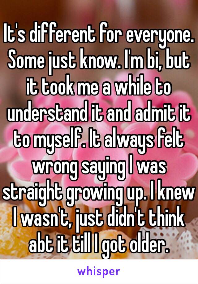 It's different for everyone. Some just know. I'm bi, but it took me a while to understand it and admit it to myself. It always felt wrong saying I was straight growing up. I knew I wasn't, just didn't think abt it till I got older. 