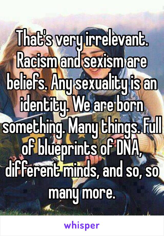 That's very irrelevant. Racism and sexism are beliefs. Any sexuality is an identity. We are born something. Many things. Full of blueprints of DNA, different minds, and so, so many more. 