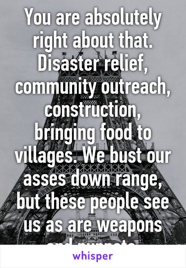 You are absolutely right about that. Disaster relief, community outreach, construction, bringing food to villages. We bust our asses down range, but these people see us as are weapons and puppets.