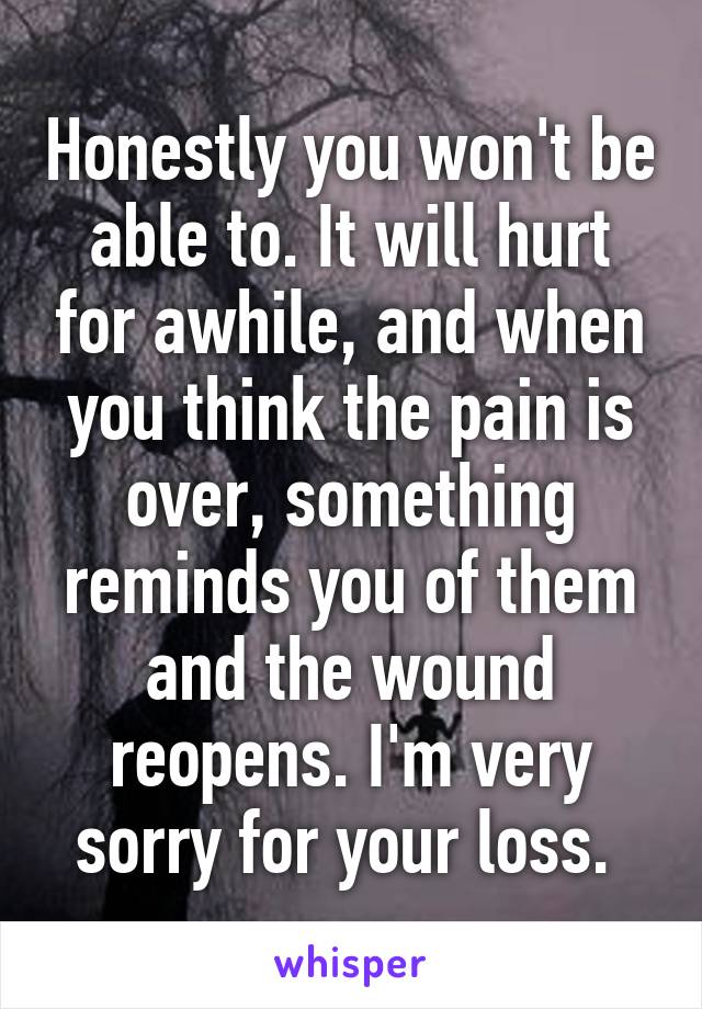 Honestly you won't be able to. It will hurt for awhile, and when you think the pain is over, something reminds you of them and the wound reopens. I'm very sorry for your loss. 