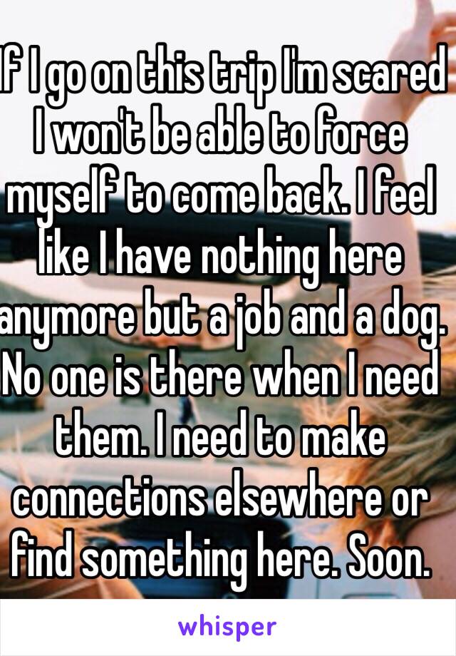 If I go on this trip I'm scared I won't be able to force myself to come back. I feel like I have nothing here anymore but a job and a dog. No one is there when I need them. I need to make connections elsewhere or find something here. Soon.