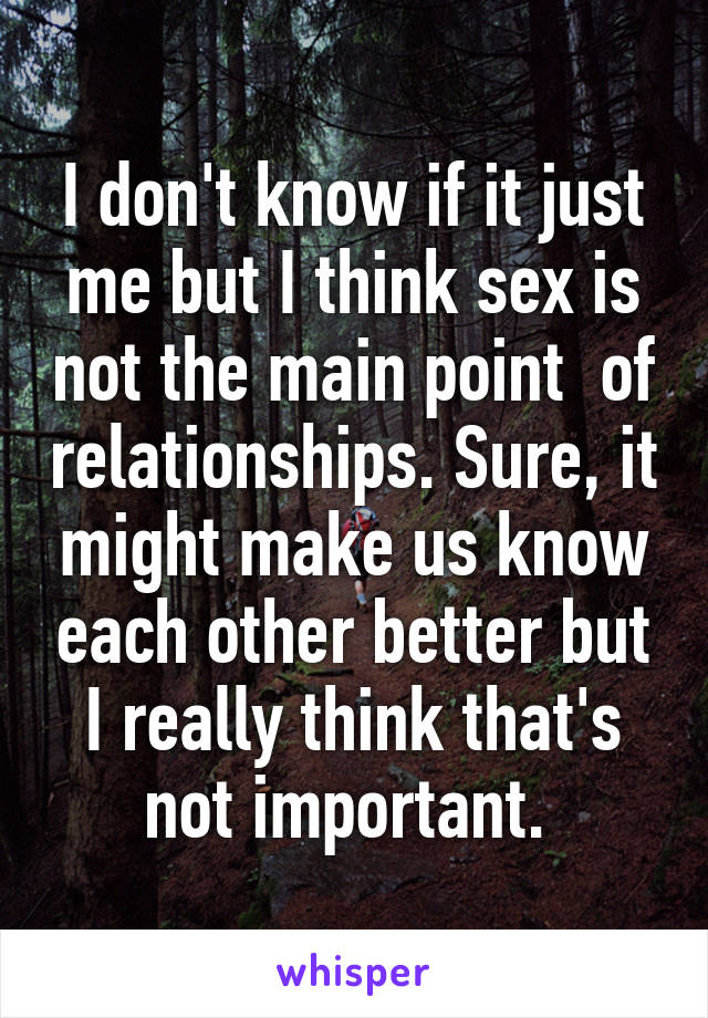 I don't know if it just me but I think sex is not the main point  of relationships. Sure, it might make us know each other better but I really think that's not important. 