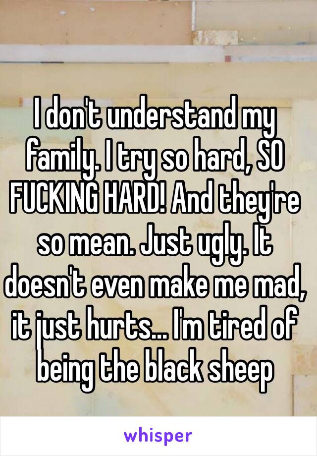 I don't understand my family. I try so hard, SO FUCKING HARD! And they're so mean. Just ugly. It doesn't even make me mad, it just hurts... I'm tired of being the black sheep