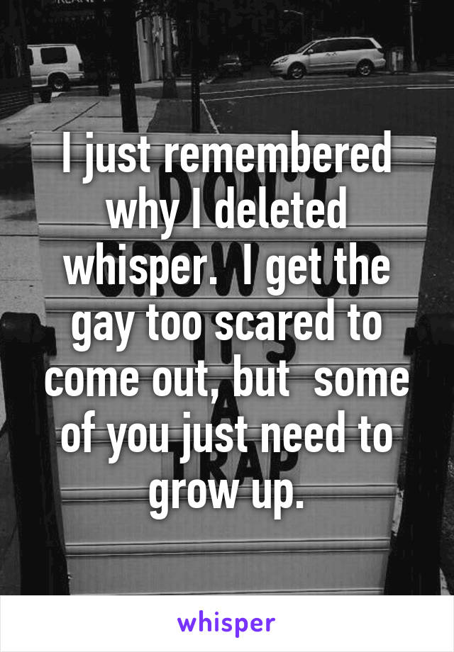 I just remembered why I deleted whisper.  I get the gay too scared to come out, but  some of you just need to grow up.