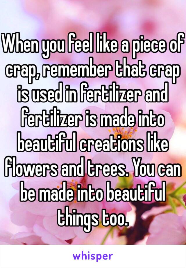 When you feel like a piece of crap, remember that crap is used in fertilizer and fertilizer is made into beautiful creations like flowers and trees. You can be made into beautiful things too. 