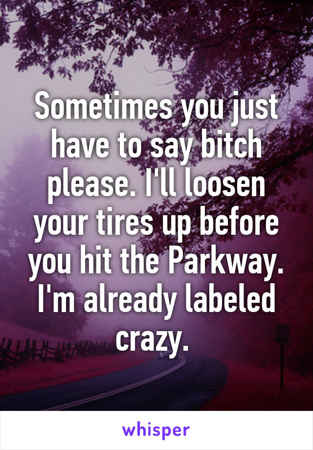 Sometimes you just have to say bitch please. I'll loosen your tires up before you hit the Parkway. I'm already labeled crazy. 