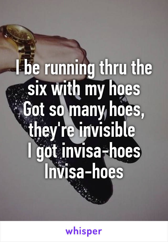 I be running thru the six with my hoes
Got so many hoes, they're invisible 
I got invisa-hoes
Invisa-hoes