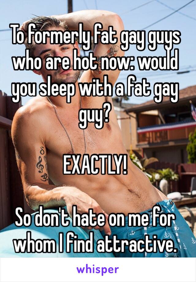 To formerly fat gay guys who are hot now: would you sleep with a fat gay guy?

EXACTLY!

So don't hate on me for whom I find attractive. 