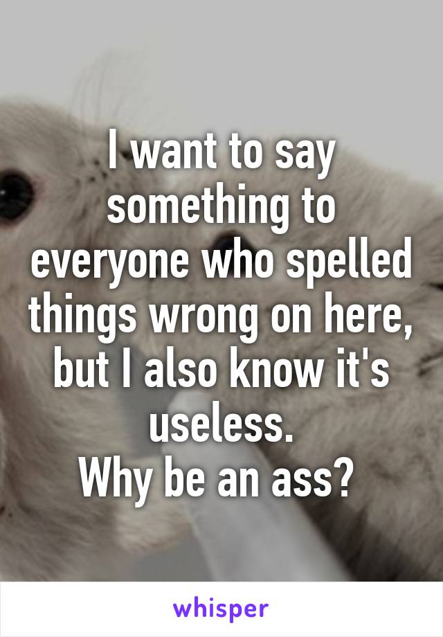 I want to say something to everyone who spelled things wrong on here, but I also know it's useless.
Why be an ass? 