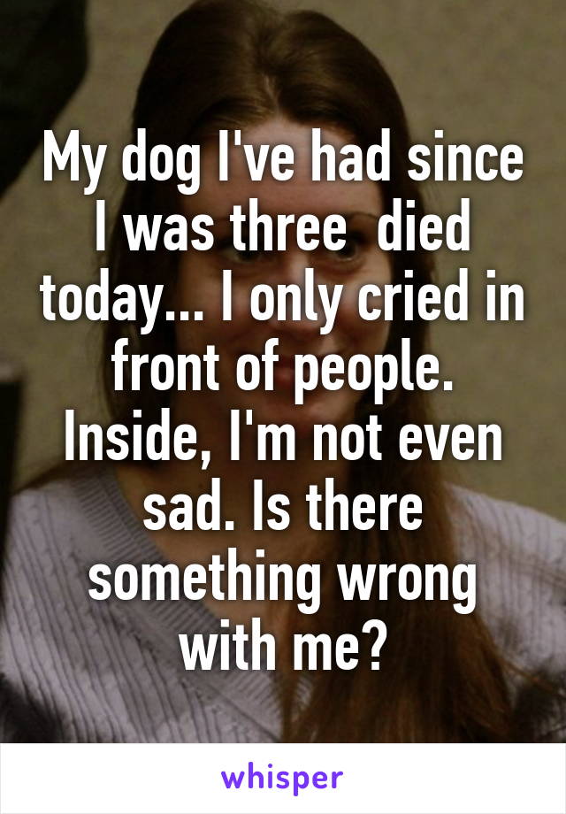 My dog I've had since I was three  died today... I only cried in front of people. Inside, I'm not even sad. Is there something wrong with me?