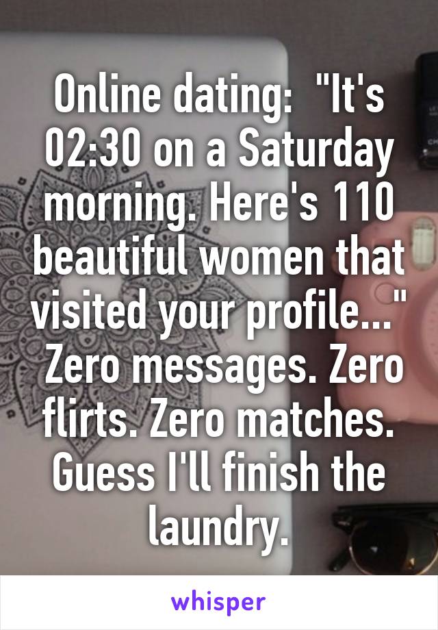 Online dating:  "It's 02:30 on a Saturday morning. Here's 110 beautiful women that visited your profile..."  Zero messages. Zero flirts. Zero matches. Guess I'll finish the laundry.